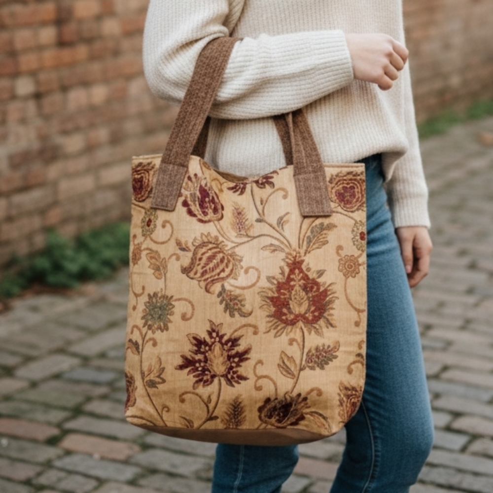 Vintage Handmade Brown Floral Faux Suede & Tapestry Boho Tote